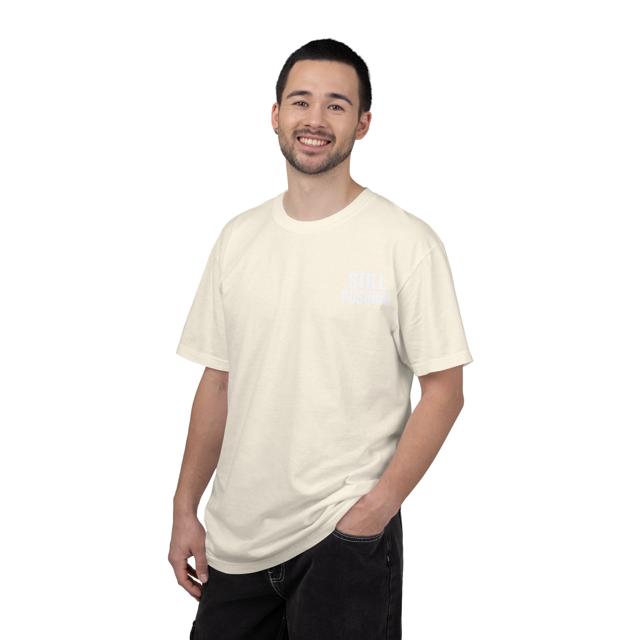 Cream Garment-Dyed T-Shirt with Subtle Chest Logo — Minimal Everyday Tee